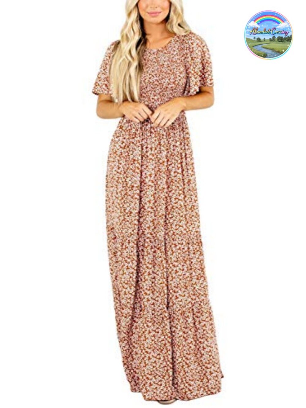 Women Smocked Floral Maxi Dress Flutter Sleeve A-Line Beach Vacation